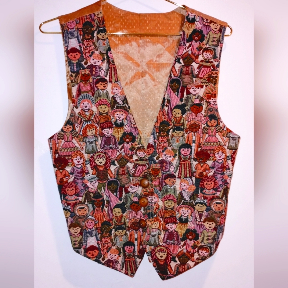 Women's Vintage Facets By Mirrors Multicultural Tapestry Vest with Back Tie